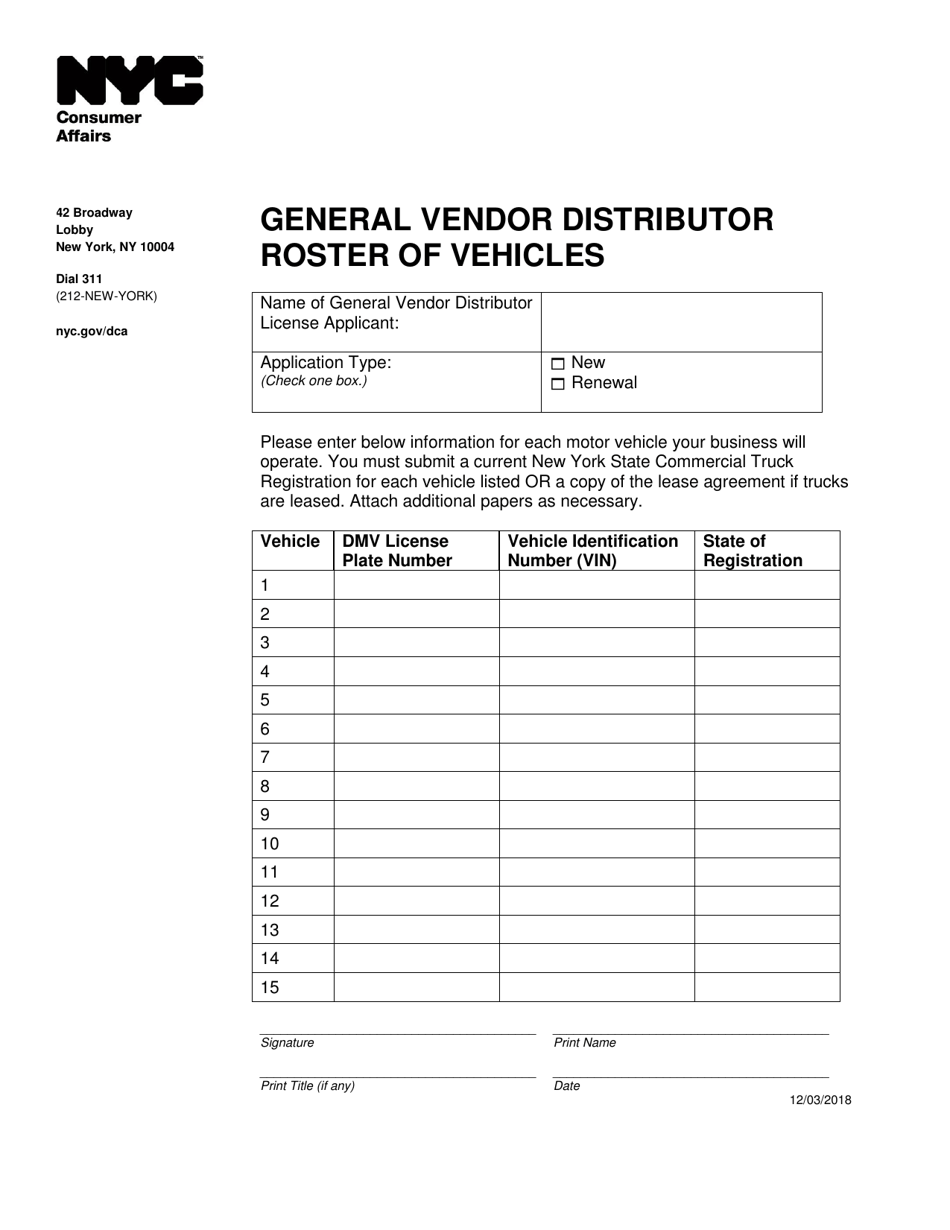 General Vendor Distributor Roster of Vehicles - New York City, Page 1