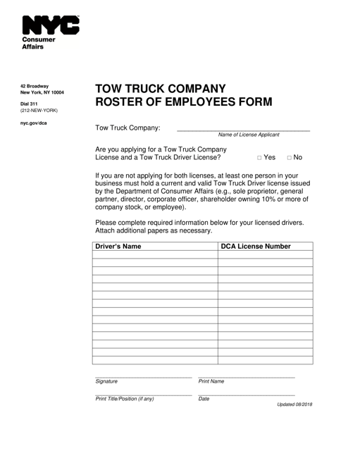 Tow Truck Company Roster of Employees Form - New York City Download Pdf