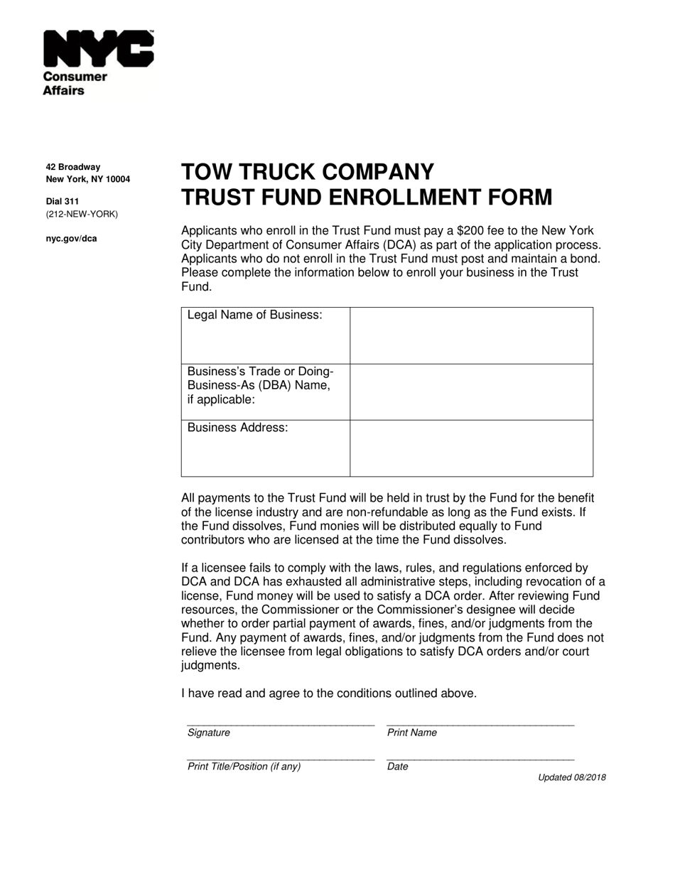Tow Truck Company Trust Fund Enrollment Form - New York City, Page 1