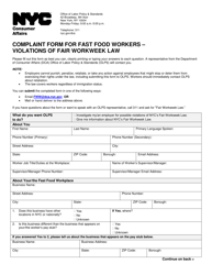 Document preview: Complaint Form for Fast Food Workers - Violations of Fair Workweek Law - New York City