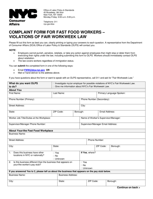 Complaint Form for Fast Food Workers - Violations of Fair Workweek Law - New York City Download Pdf