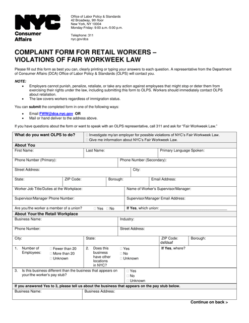 Complaint Form for Retail Workers - Violations of Fair Workweek Law - New York City Download Pdf