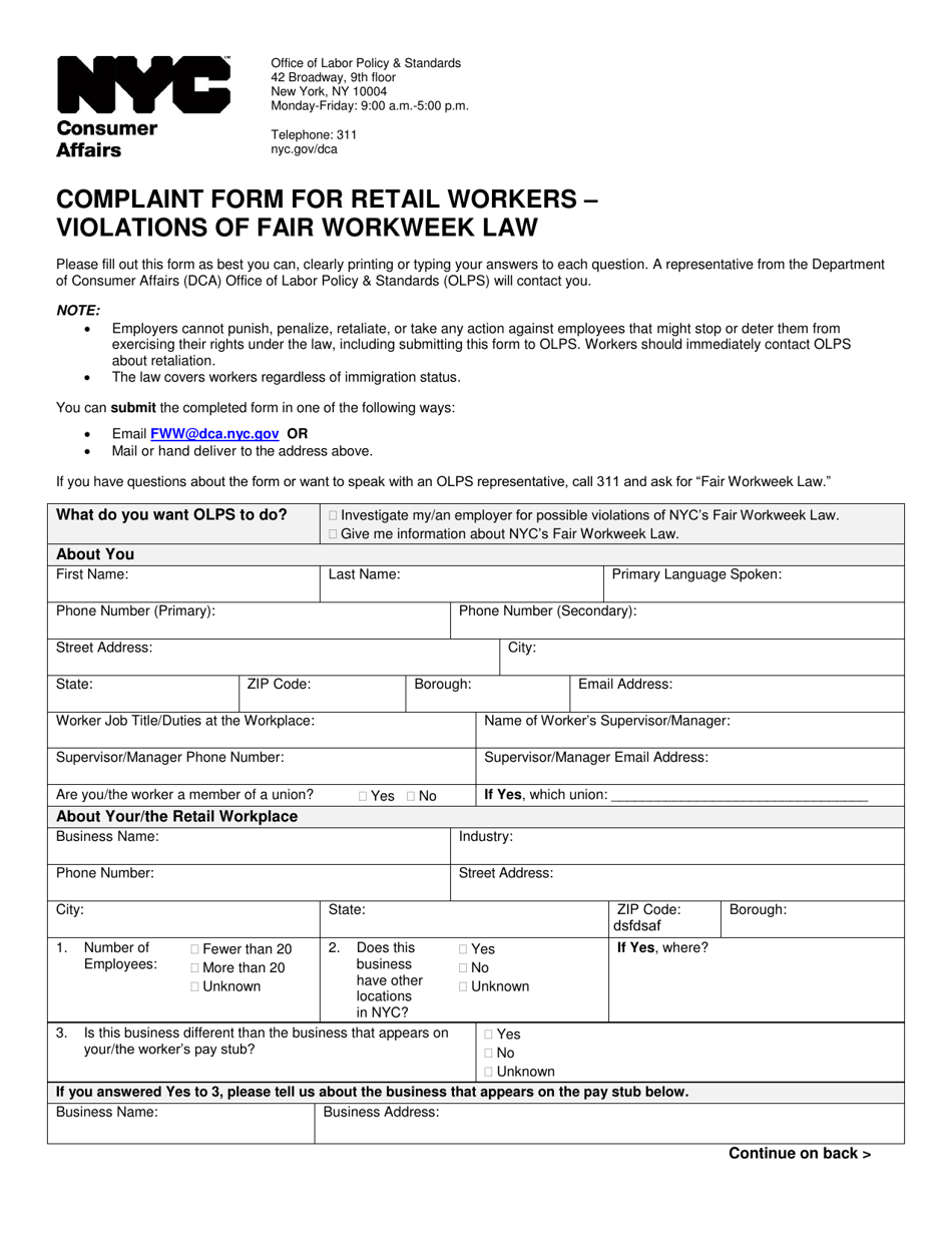 Complaint Form for Retail Workers - Violations of Fair Workweek Law - New York City, Page 1