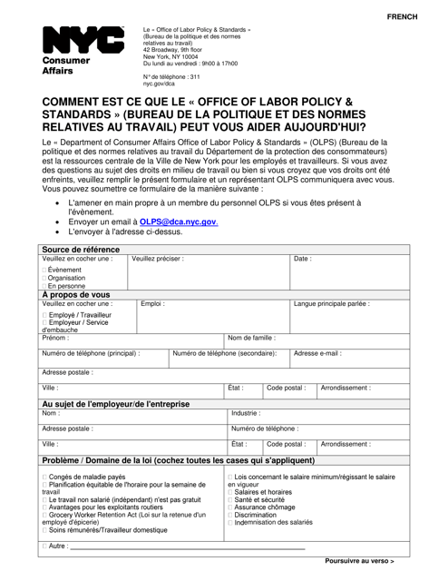 Olps Intake Form - New York City (French) Download Pdf