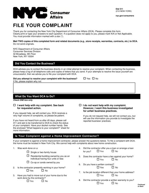 Complaint Form - New York City Download Pdf