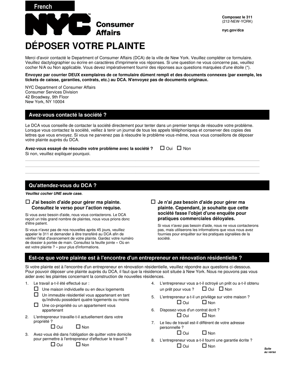 New York City Complaint Form (French) - Fill Out, Sign Online and ...