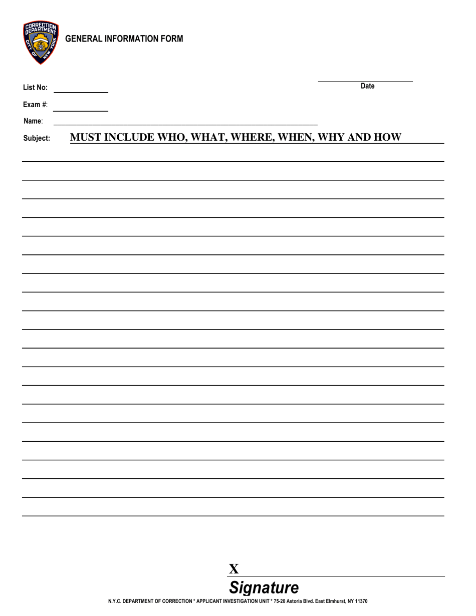 General Information Form - New York City, Page 1
