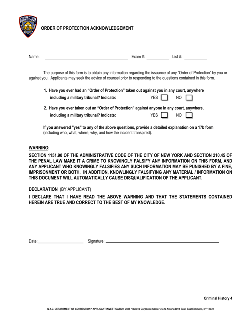 "Order of Protection Acknowledgement (Criminal History 4)" - New York City Download Pdf