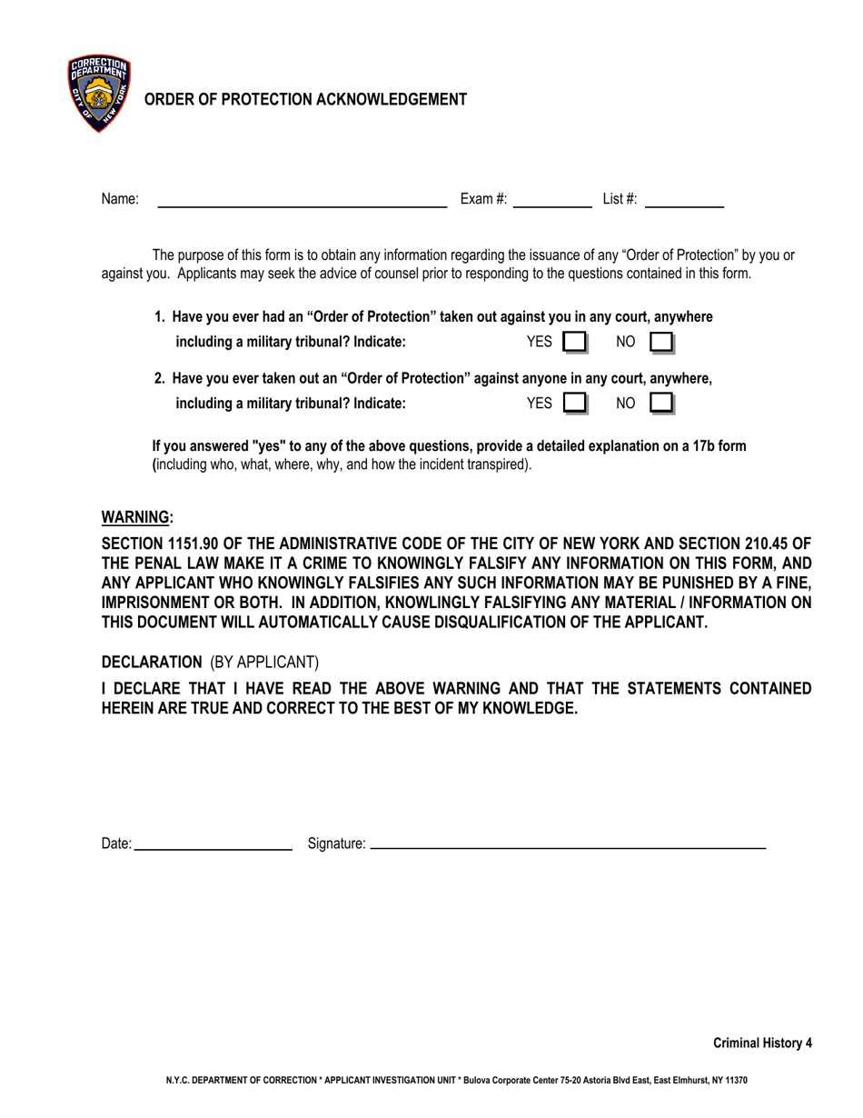 Order of Protection Acknowledgement (Criminal History 4) - New York City, Page 1