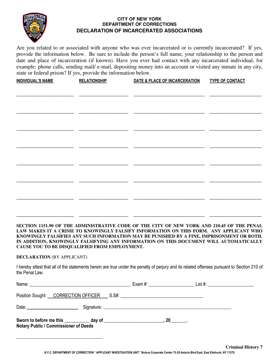 Declaration of Incarcerated Associations Form (Criminal History 7) - New York City, Page 1