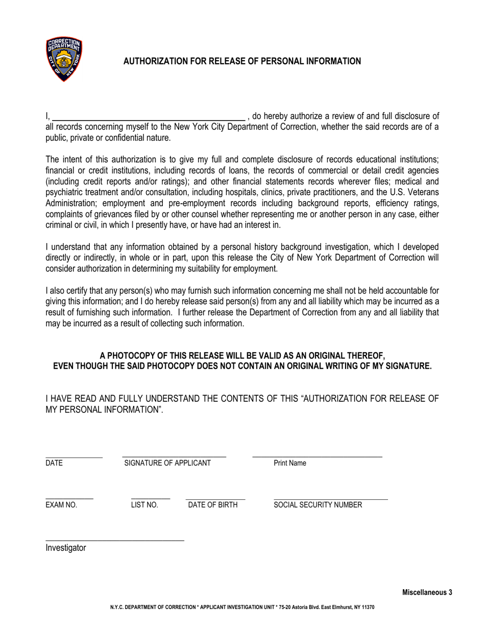 Authorization for Release of Personal Information Form (Miscellaneous 3) - New York City, Page 1
