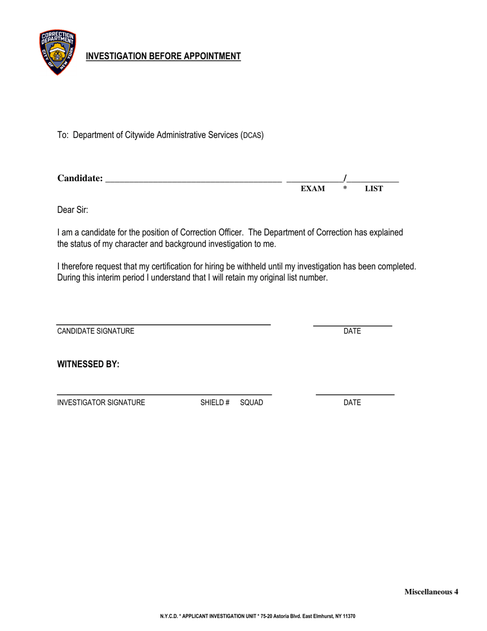 Investigation Before Appointment Form (Miscellaneous 4) - New York City, Page 1