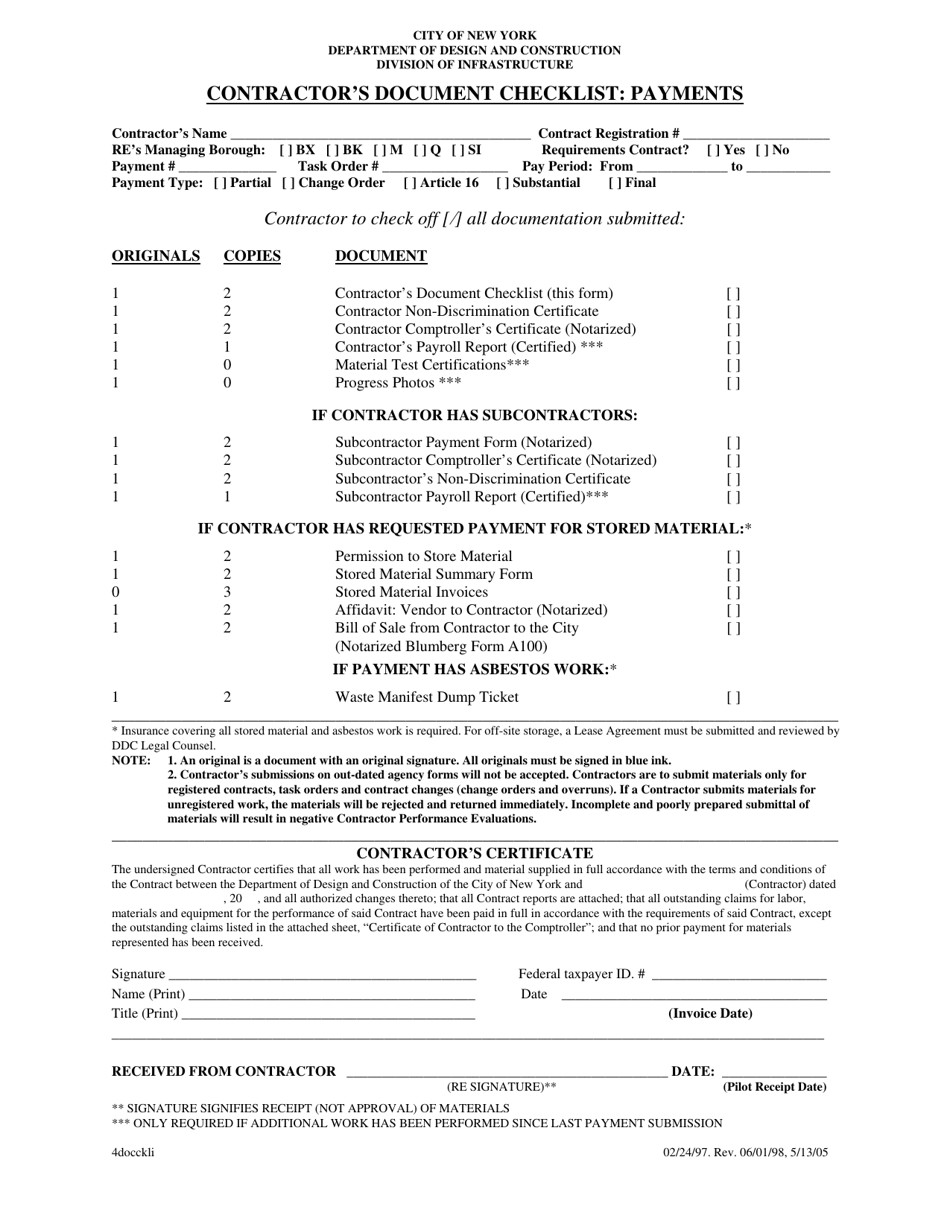 Contractors Document Checklist: Payments - New York City, Page 1