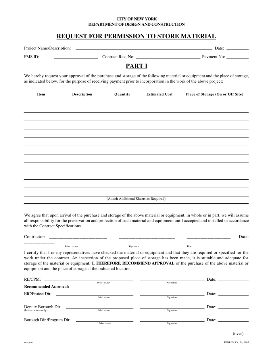 Request for Permission to Store Material - New York City, Page 1