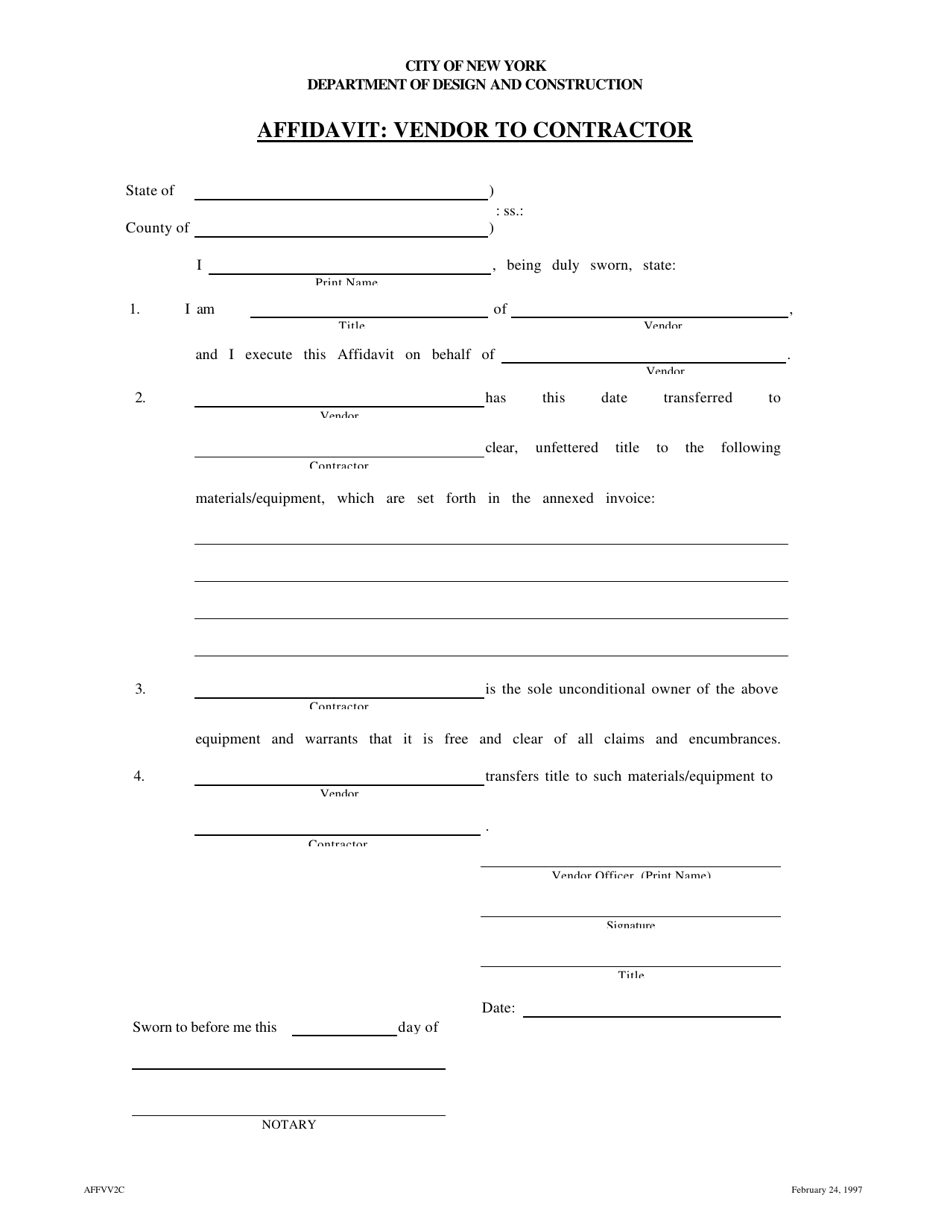 Form AFFVV2C Affidavit: Vendor to Contractor - New York City, Page 1