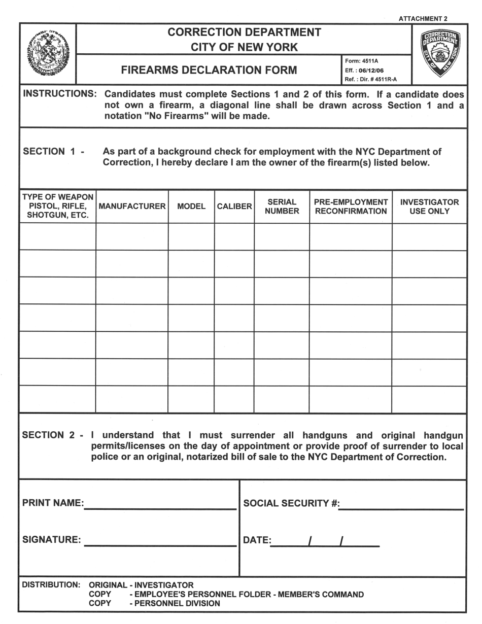 Form 4511A Attachment 2 Firearm Declaration Form - New York City, Page 1