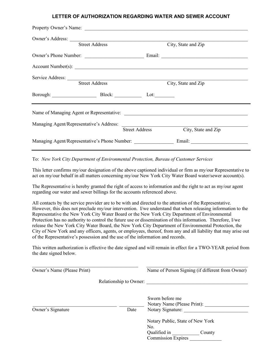New York City Letter of Authorization Regarding Water and Sewer Account Download Fillable PDF
