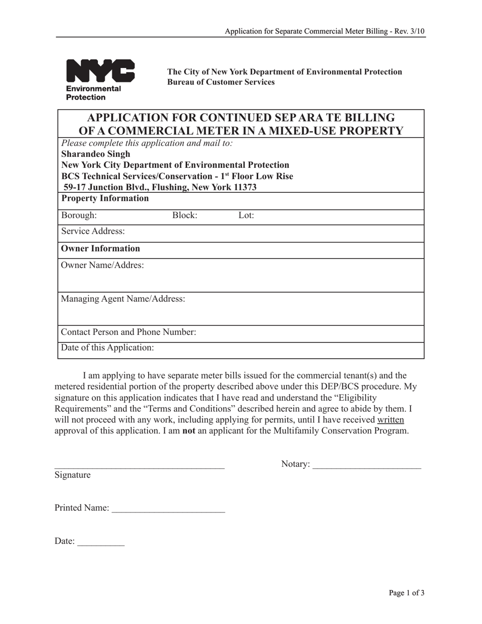 Application for Continued Separate Billing of a Commercial Meter in a Mixed-Use Property - New York City, Page 1