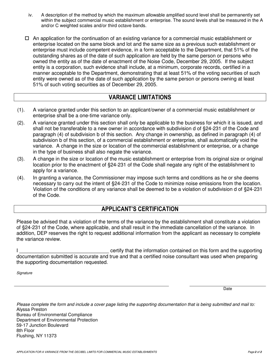 Application for a Variance From the Decibel Limits for Commercial Music Establishments - New York City, Page 2