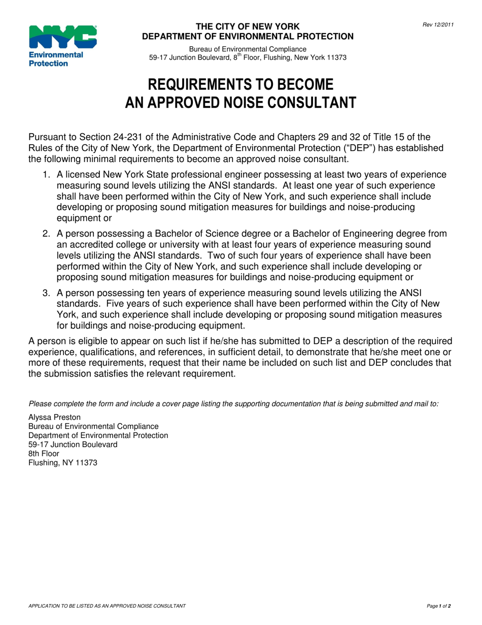 Application to Be Listed as an Approved Noise Consultant - New York City, Page 1