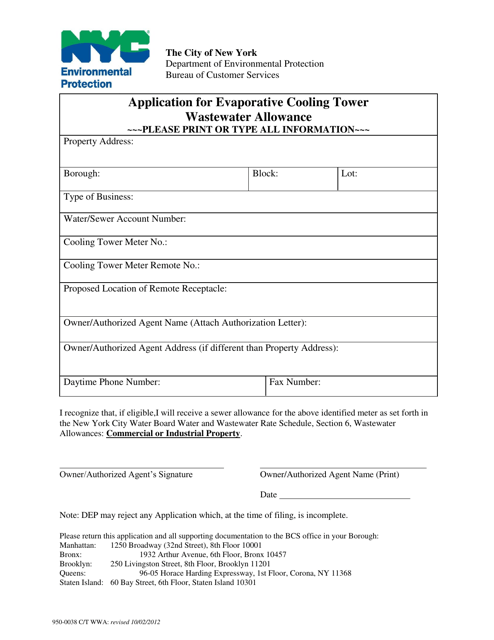 Application for Evaporative Cooling Tower Wastewater Allowance - New York City
