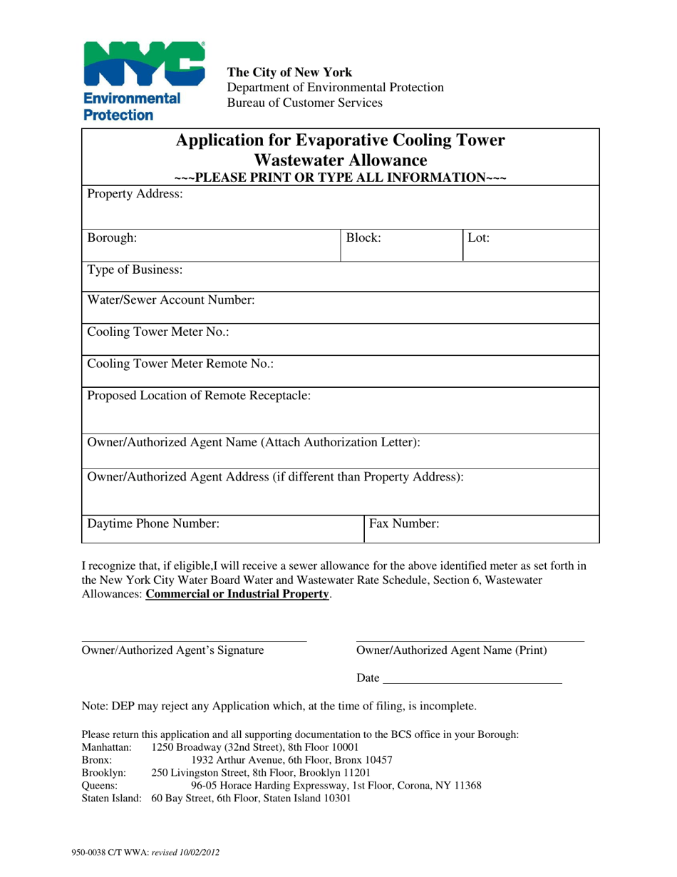 Application for Evaporative Cooling Tower Wastewater Allowance - New York City, Page 1