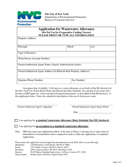 Application for Wastewater Allowance (Not Evaporative Cooling Towers) - New York City