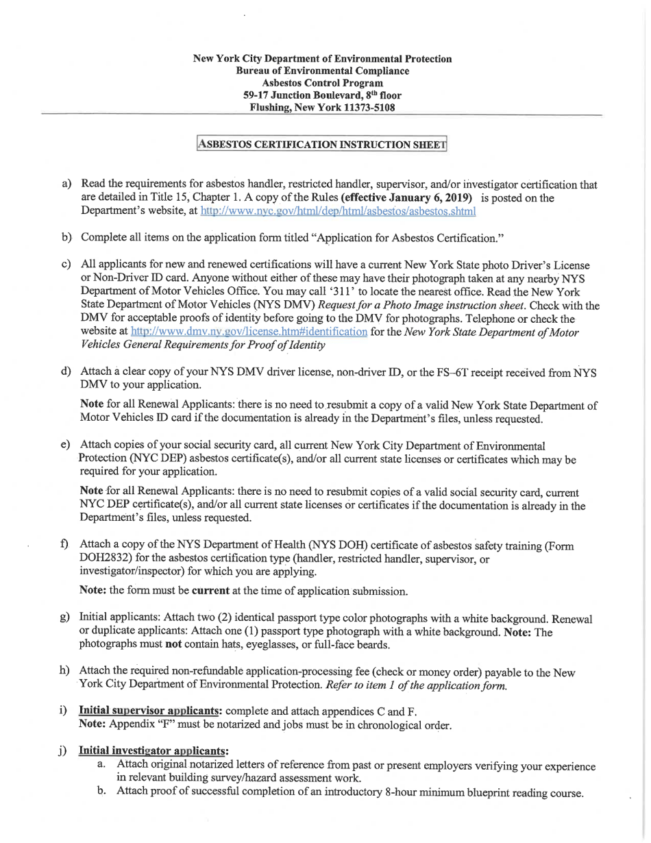 Form ACP2 Asbestos Handler Certification Application - New York City, Page 1