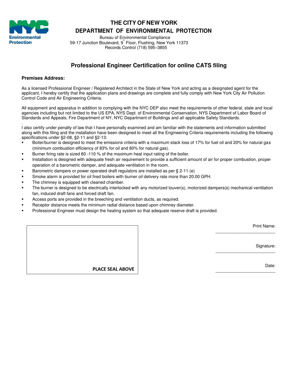 Professional Engineer Certification for Online Cats Filing - New York City, Page 1