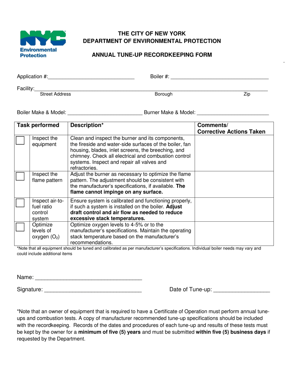 Annual Tune-Up Recordkeeping Form - New York City, Page 1