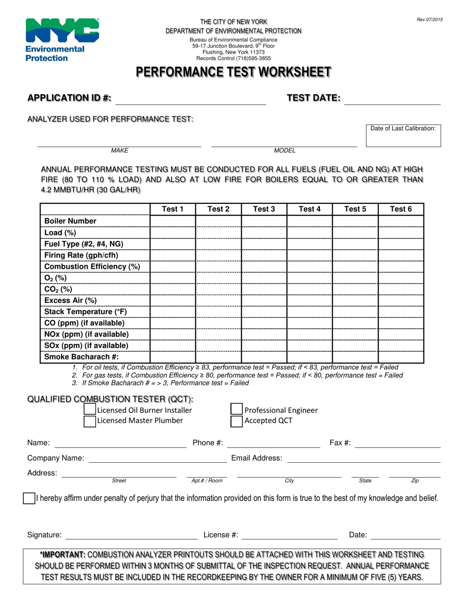 Performance Test Worksheet - New York City, Page 1