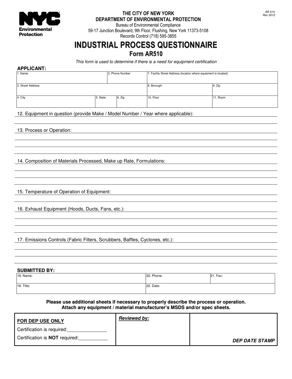 Form AR510 Industrial Process Questionnaire - New York City, Page 1