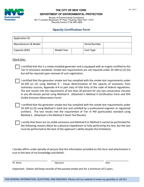 Opacity Certification Form - New York City