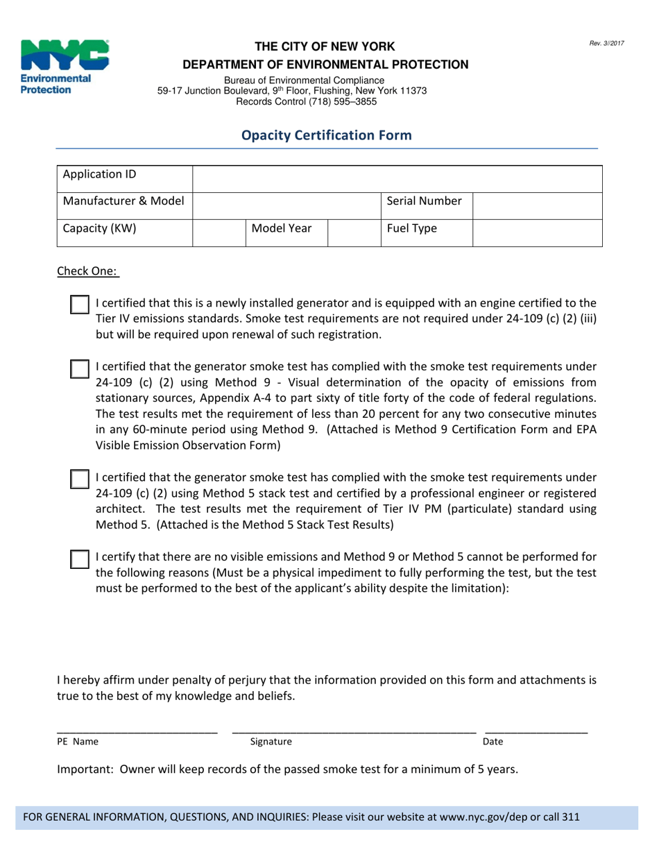 Opacity Certification Form - New York City, Page 1