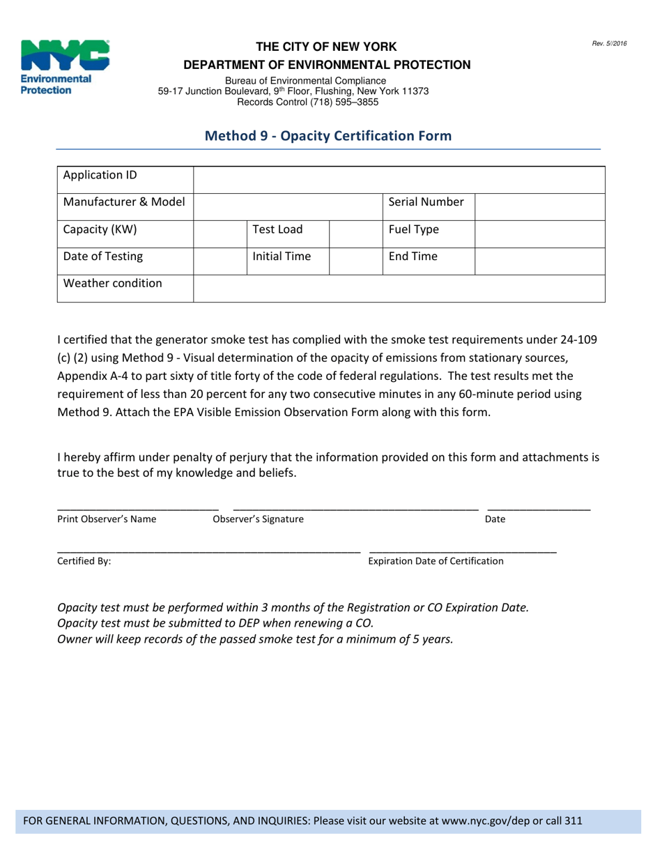 Method 9 - Opacity Certification Form - New York City, Page 1