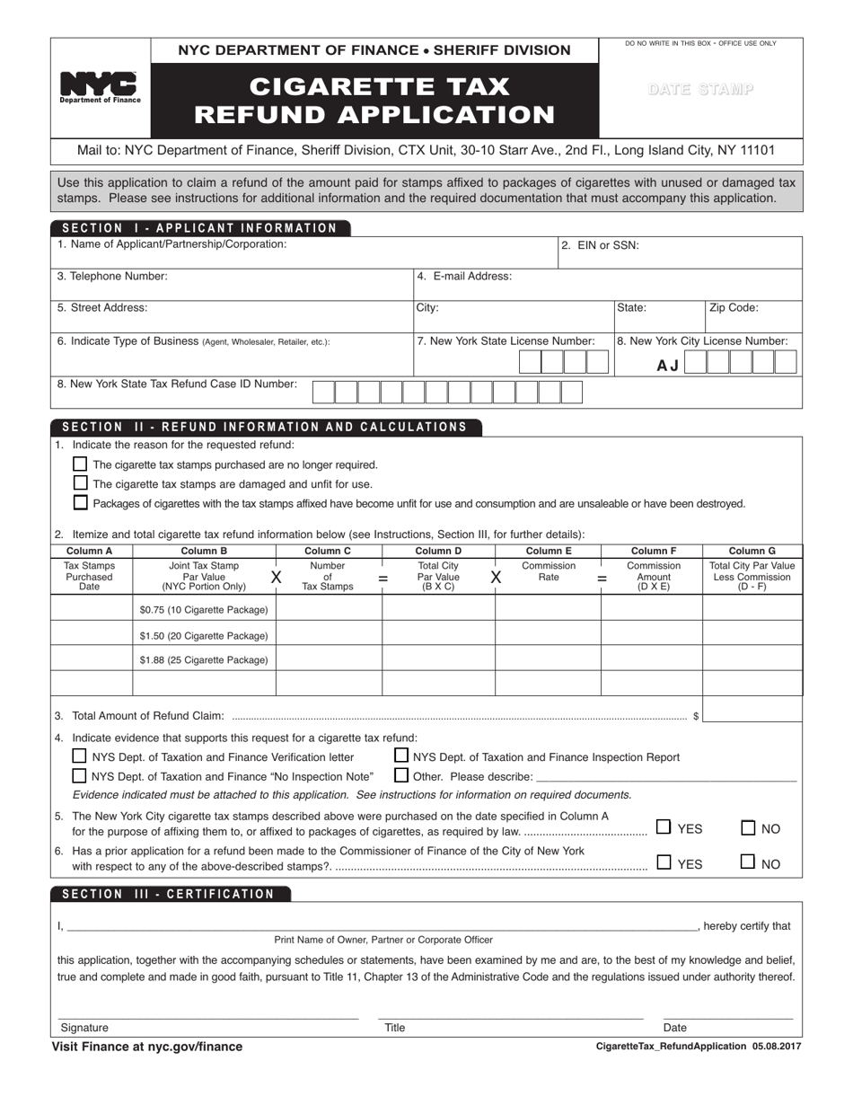 Cigarette Tax Refund Application - New York City, Page 1