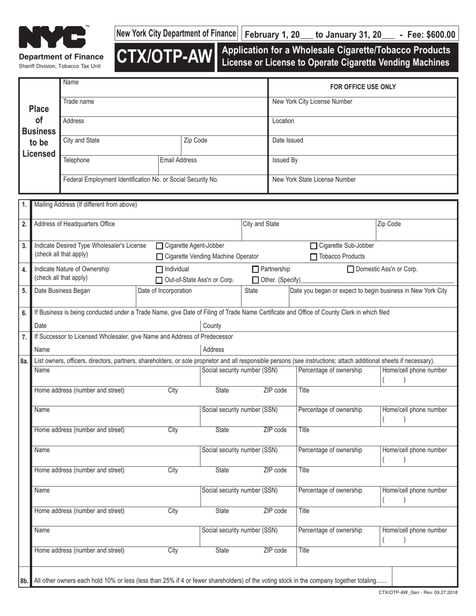Form CTX-OTP-AW Application for a Wholesale Cigarette / Tobacco Products License or License to Operate Cigarette Vending Machine - New York City, Page 1