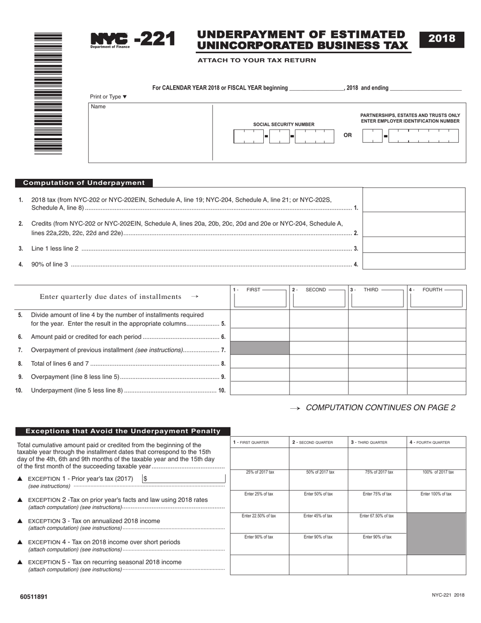Form NYC-221 Underpayment of Estimated Unincorporated Business Tax - New York City, Page 1