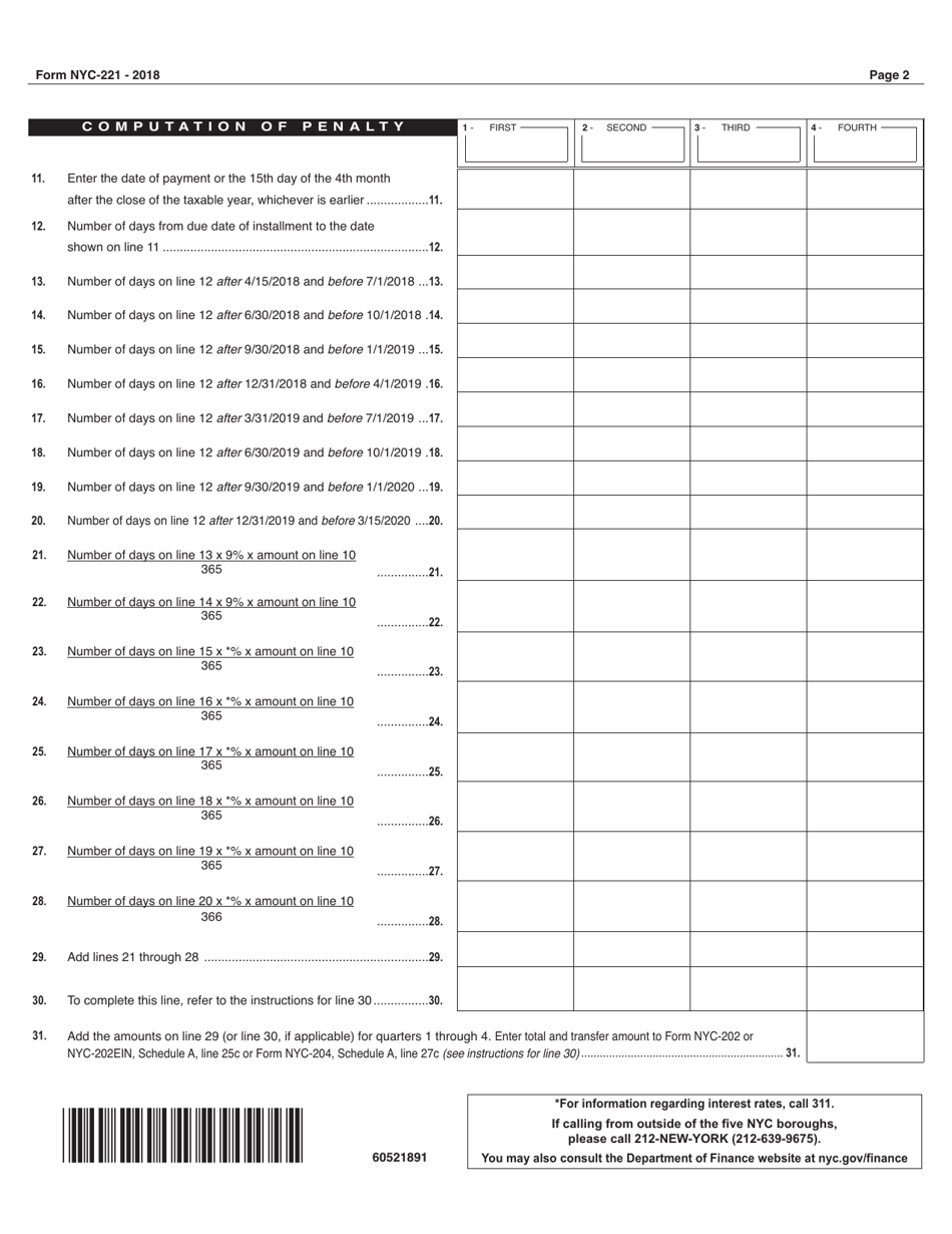 Form NYC-221 Underpayment of Estimated Unincorporated Business Tax - New York City, Page 2