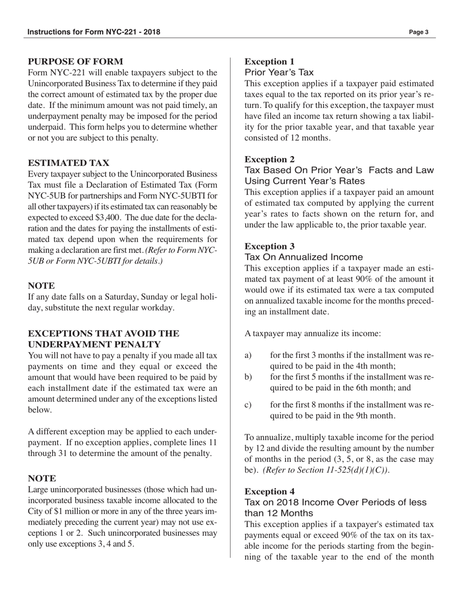 Form NYC-221 Underpayment of Estimated Unincorporated Business Tax - New York City, Page 3
