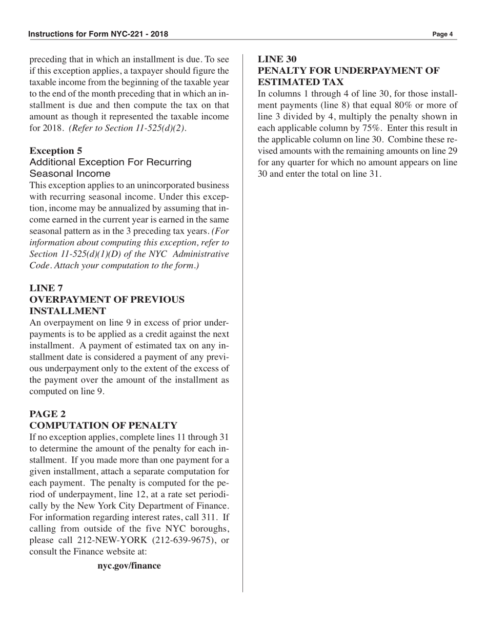 Form NYC-221 Underpayment of Estimated Unincorporated Business Tax - New York City, Page 4