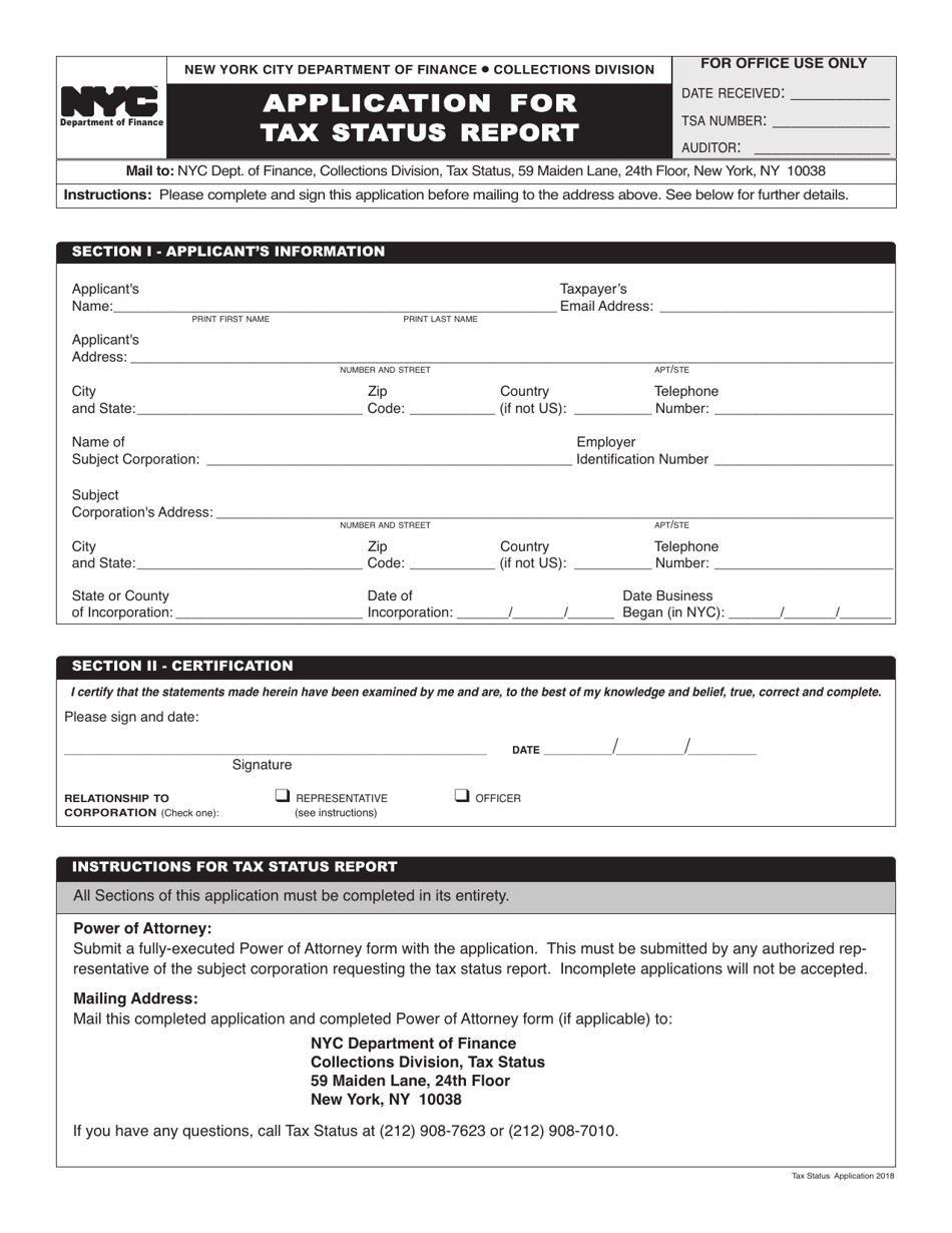 Application for Tax Status Report - New York City, Page 1
