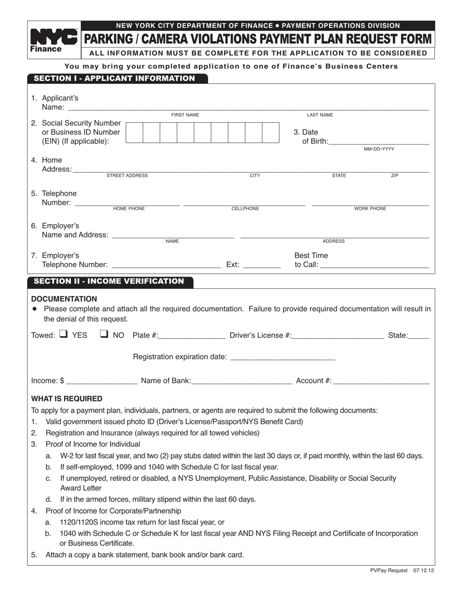 Parking / Camera Violations Payment Plan Request Form - New York City, Page 1