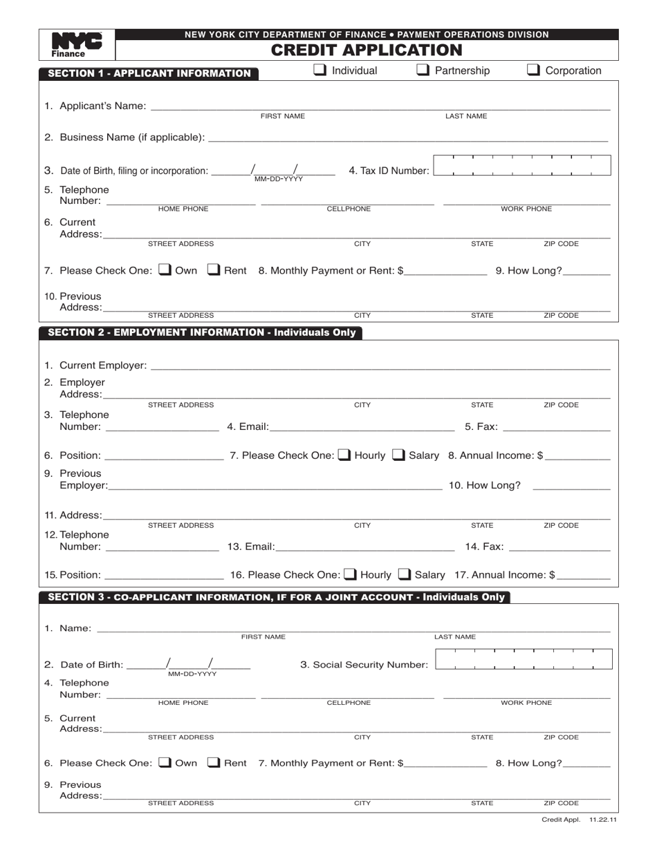 Credit Application Form - New York City, Page 1