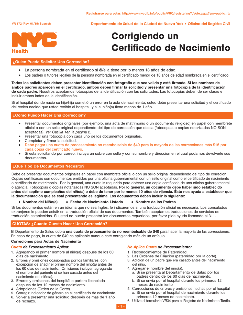 Formulario VR172 Corrigiendo Un Certificado De Nacimiento - New York City (Spanish), Page 1