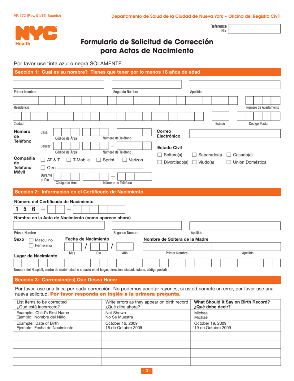 Formulario VR172 Corrigiendo Un Certificado De Nacimiento - New York City (Spanish), Page 3