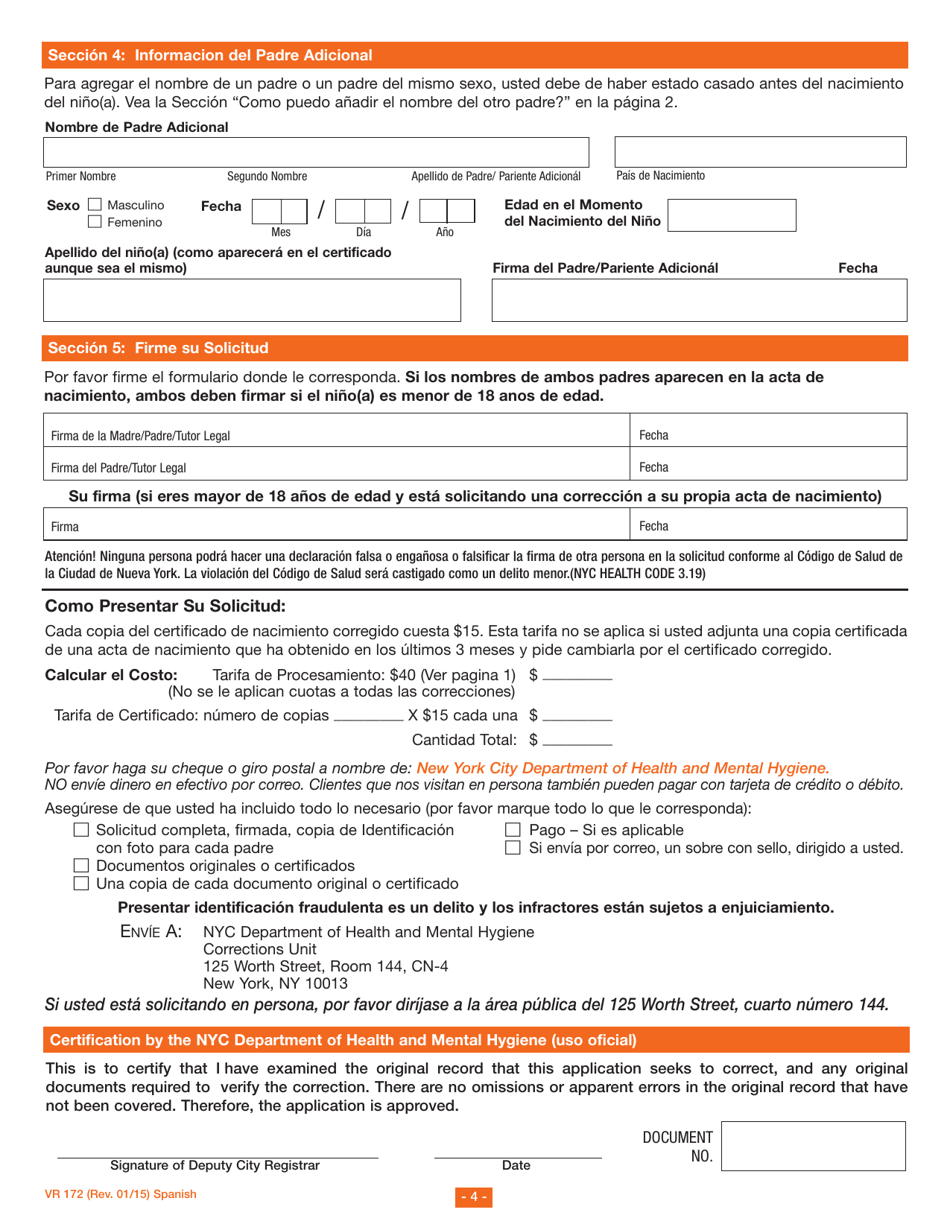 Formulario VR172 Corrigiendo Un Certificado De Nacimiento - New York City (Spanish), Page 4