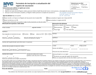 Document preview: Formulario De Inscripcion O Actualizacion Del Registro De Vacunacion - New York City (Spanish)