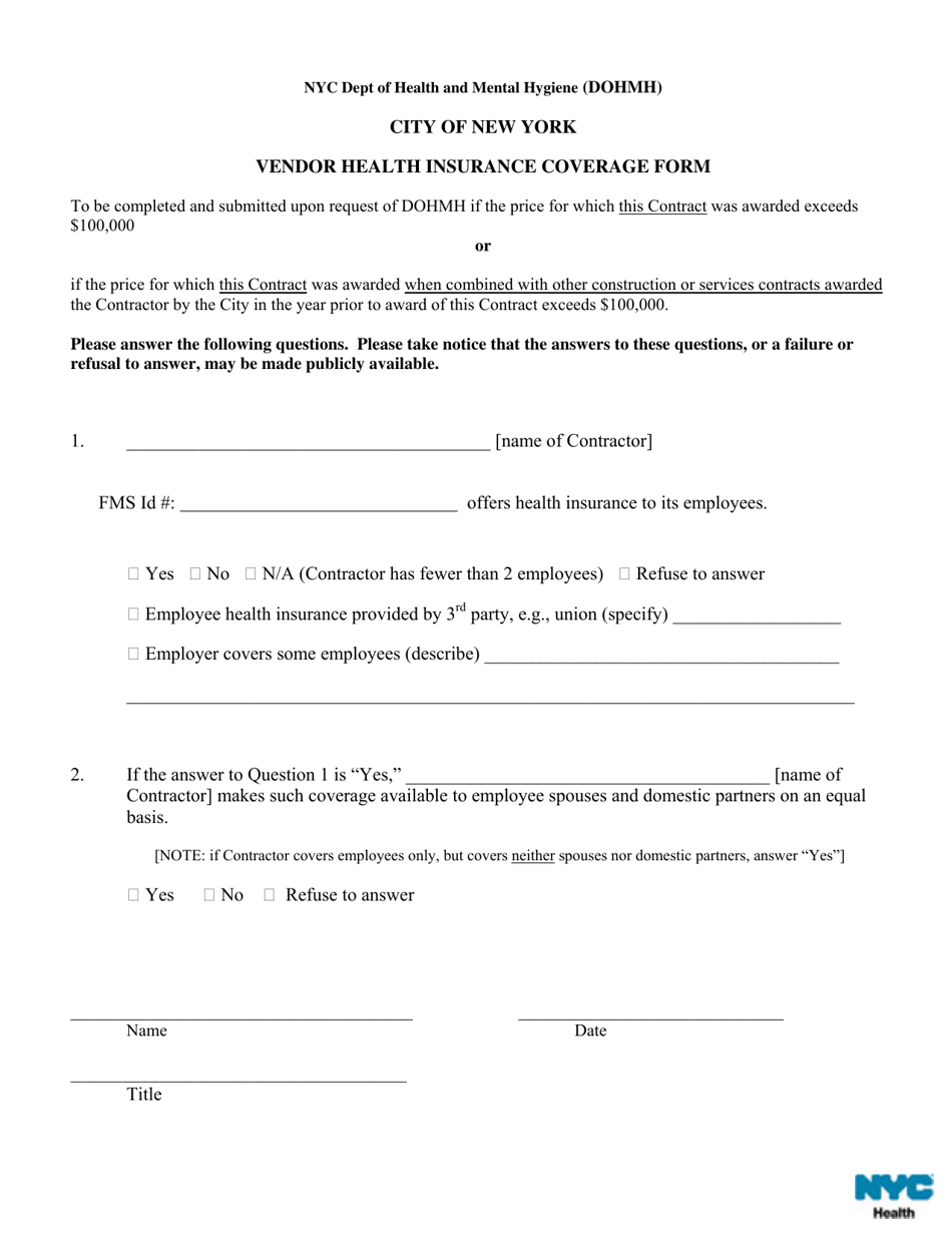 Vendor Health Insurance Coverage Form - New York City, Page 1