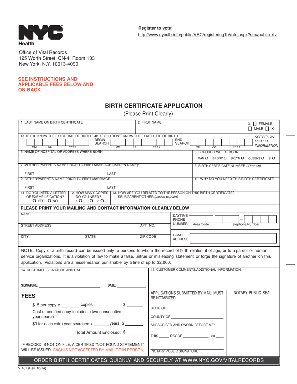 Form Vr67 Download Printable Pdf Or Fill Online Birth Certificate Application New York City Templateroller